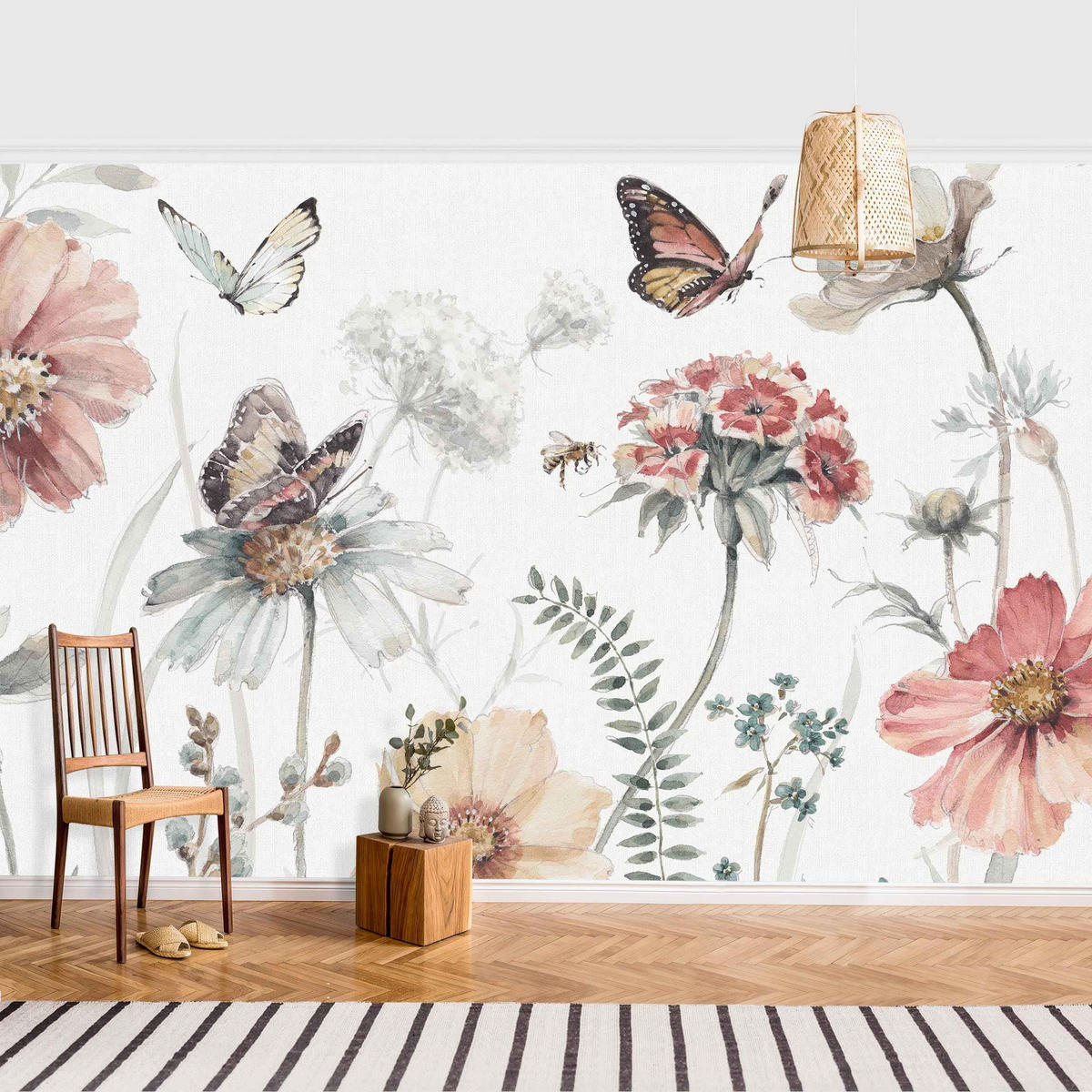 FOTOTAPETE Aquarell Blumenwiese mit Schmetterlingen 432/290 cm - Rosa, Papier (432/290cm) - Bilderwelten