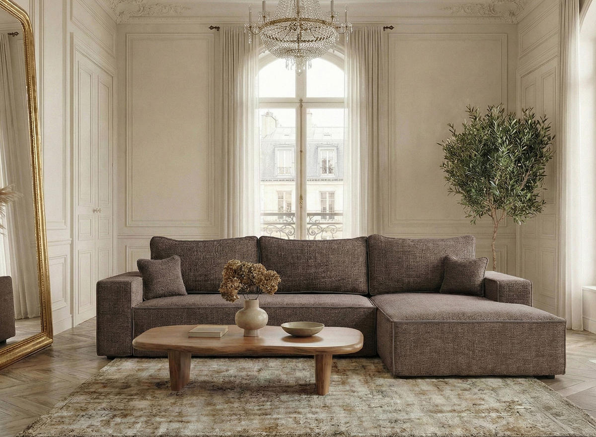 ECKSOFA MIT SCHLAFFUNKTION Modo Braun Chenille-Stoff - Rechts Seite - Schwarz/Braun, Holz/Holzwerkstoff (294/185cm) - Maison de Reve