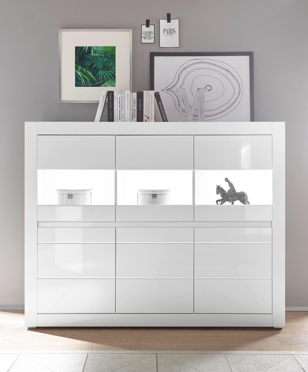 HIGHBOARD Hochglanz weiß, Schrank 164 x 131 cm mit Soft-Close-Funktion - Weiß Hochglanz/Weiß, Glas/Holzwerkstoff (164/131/42cm) - Furn.Design