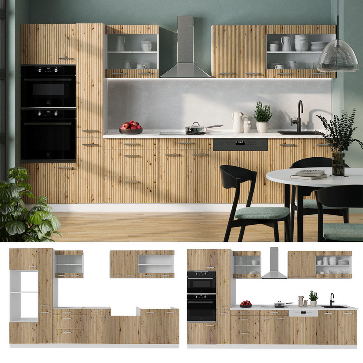 KÜCHENZEILE R-Line Artisan Eiche/Weiß 350 cm mit Hochschrank, AP Eiche - Eiche Artisan/Weiß, Holzwerkstoff (350/81.6/60cm) - Vicco
