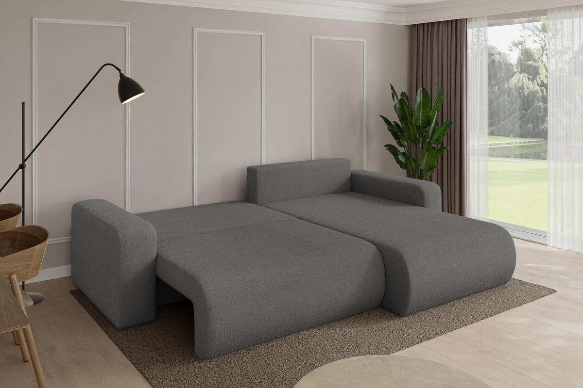 ROHOVÁ SEDAČKA s funkcí spaní, otoman vpravo BERY-L 276x193x88 šedá bouclé - šedá/černá, kompozitní dřevo/textil (276/193cm) - ALTDECOR