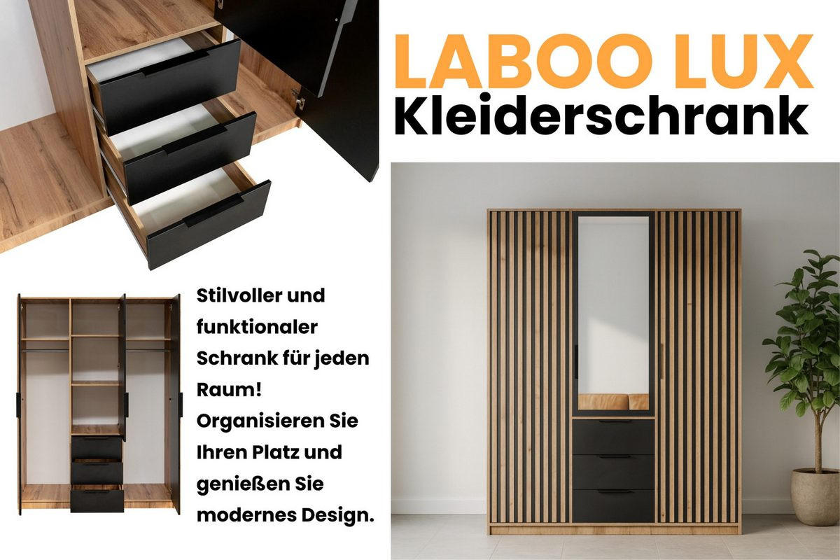 DREHTÜRENSCHRANK LABOO LUX 149/200/58 cm in Eiche Wotan / Schwarz mit Lamellen - Eiche Wotan/Schwarz, Holzwerkstoff (149/200/58cm) - Deine Möbel 24