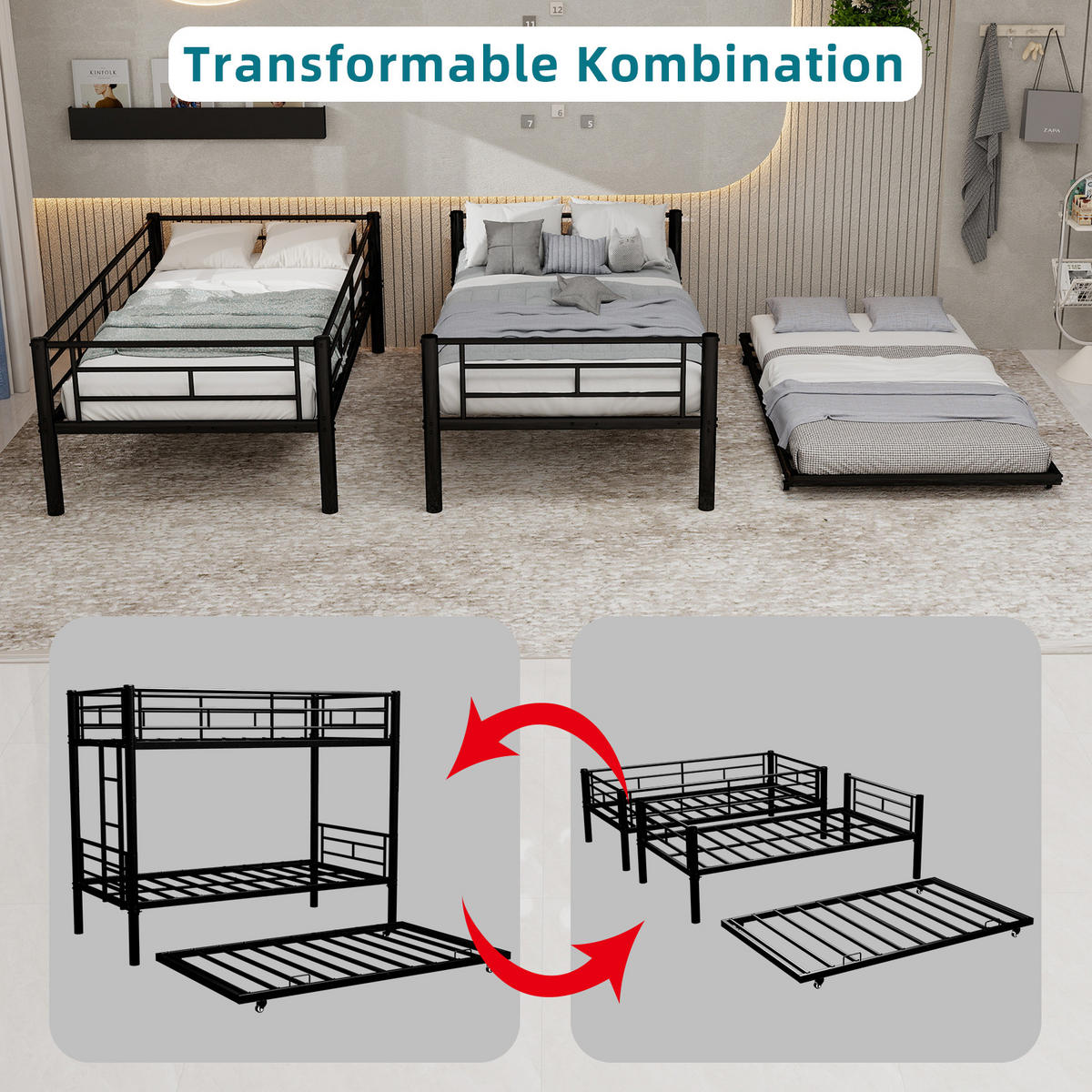 ETAGENBETT Twin over Twin Metall - Schwarz, Metall (92.5/188cm) - ComfortXL