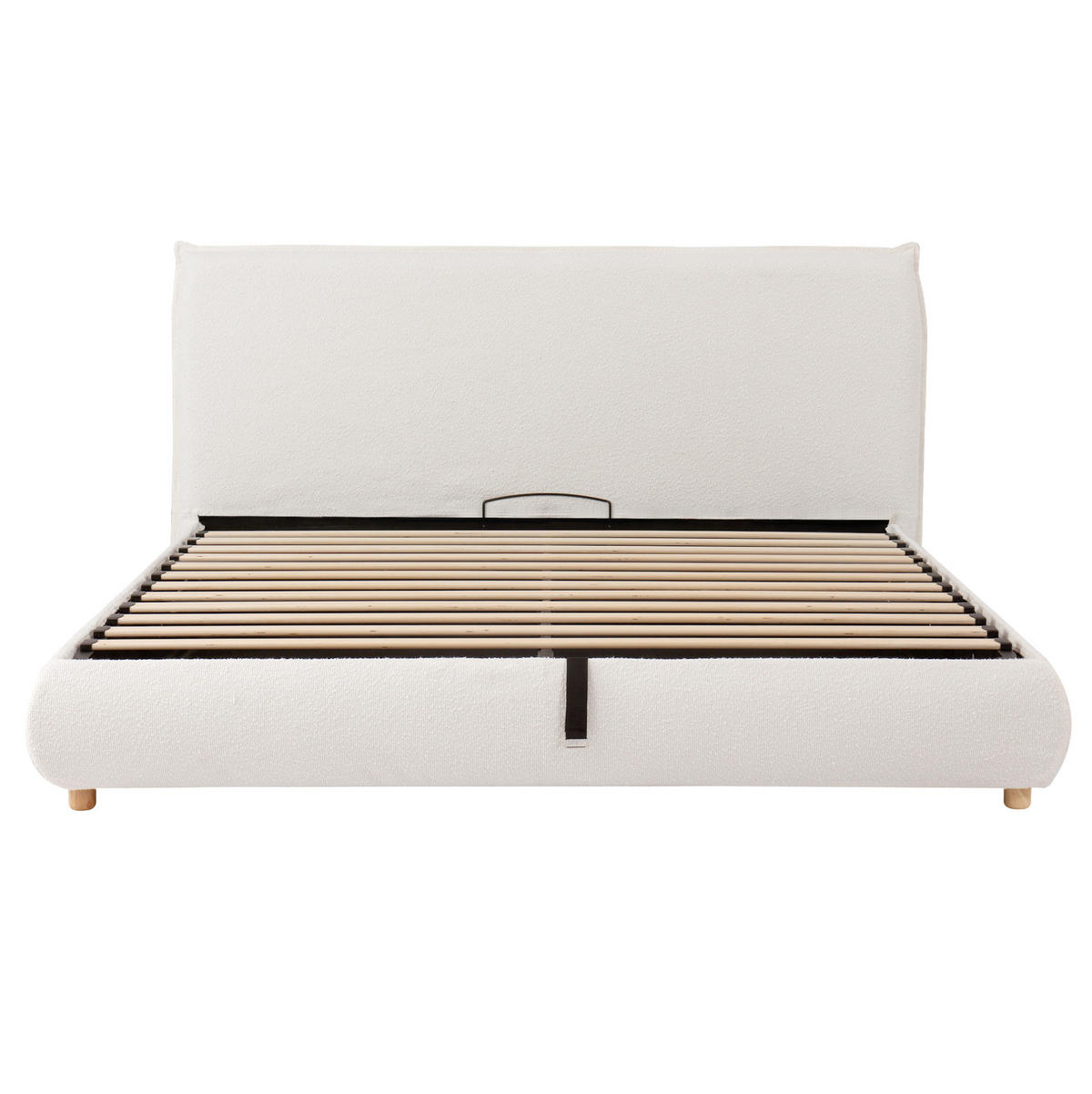 POLNJENA postelja iz boucléja 180x200 cm bela z hidravličnim predalom, letvenim dnom in masivnimi lesenimi nogami - bela, leseni material (180/200cm) - Modfu