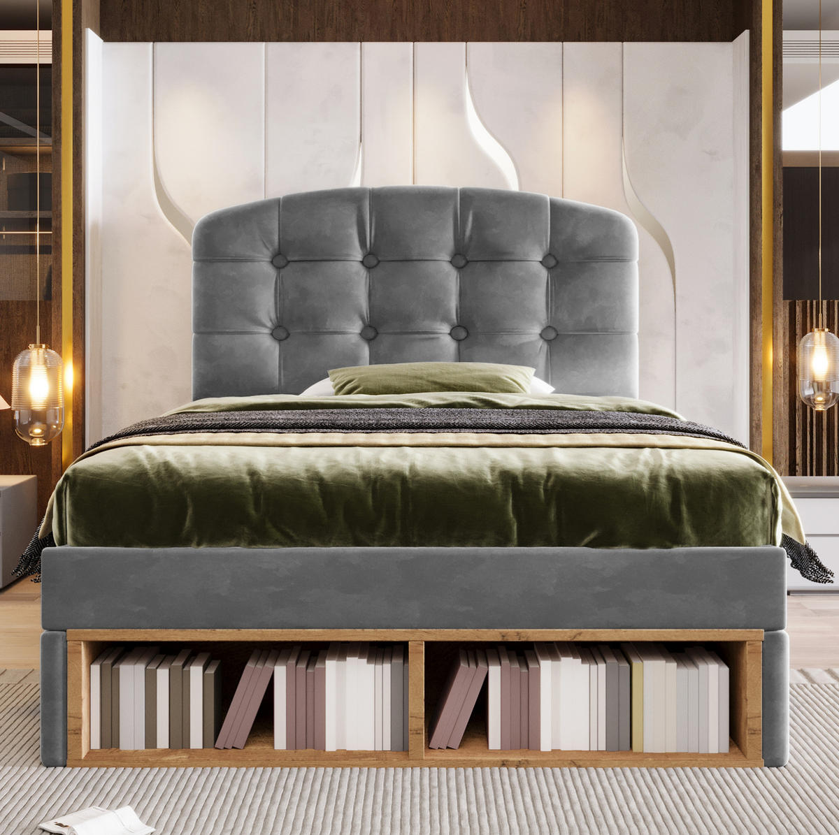 BETT mit Schubladen und Stauraum 90x200 cm Samt Grau - Grau, Metall (90/200cm) - Meubliv