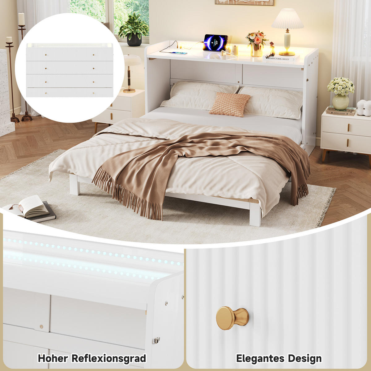 SCHRANKBETT 140/200 cm in Weiß mit Schubladen, USB, Steckdose und LED - Weiß, Holz/Holzwerkstoff (140/200cm) - WISHDOR