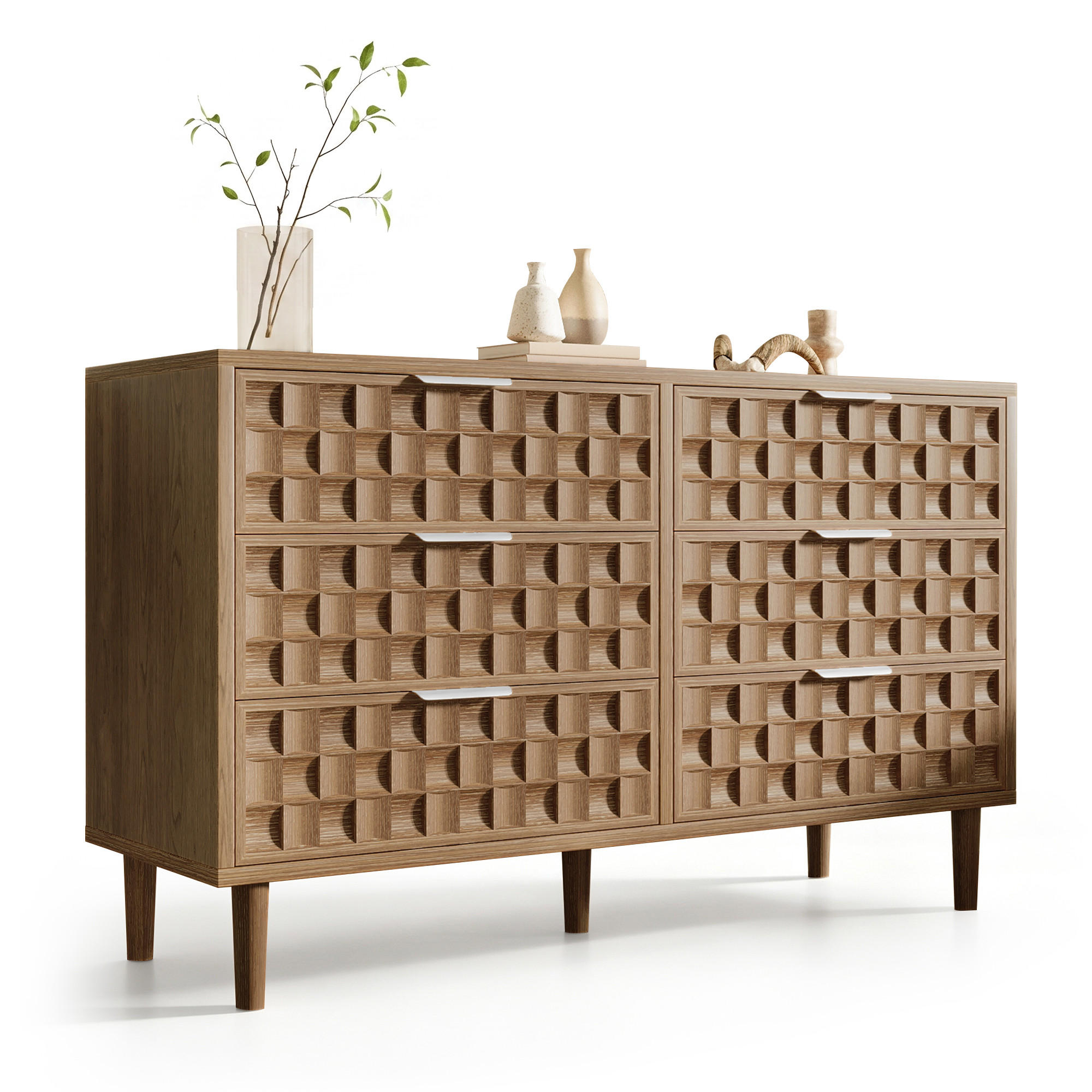SIDEBOARD 120/37/77 cm mit 6 Schubladen, Waffelstruktur und Metallgriffen in Walnussfarben - Walnussfarben, Holzwerkstoff (120/91/40cm) - CHICFURN