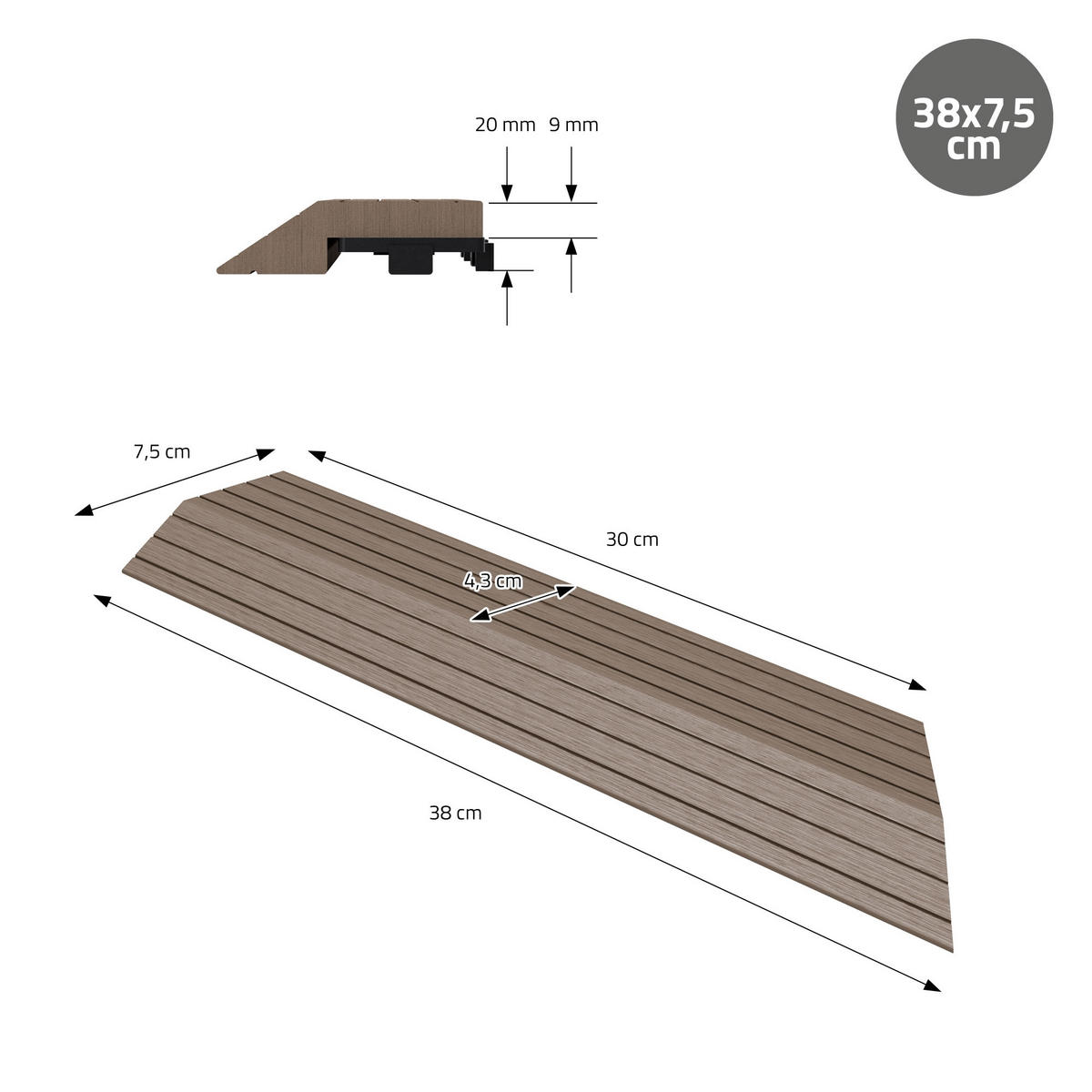 ZÁVĚROVÁ LIŠTA WPC pravý roh tmavě hnědá - tmavě hnědá, kompozitní dřevo (38/2/7.5cm) - ML-DESIGN