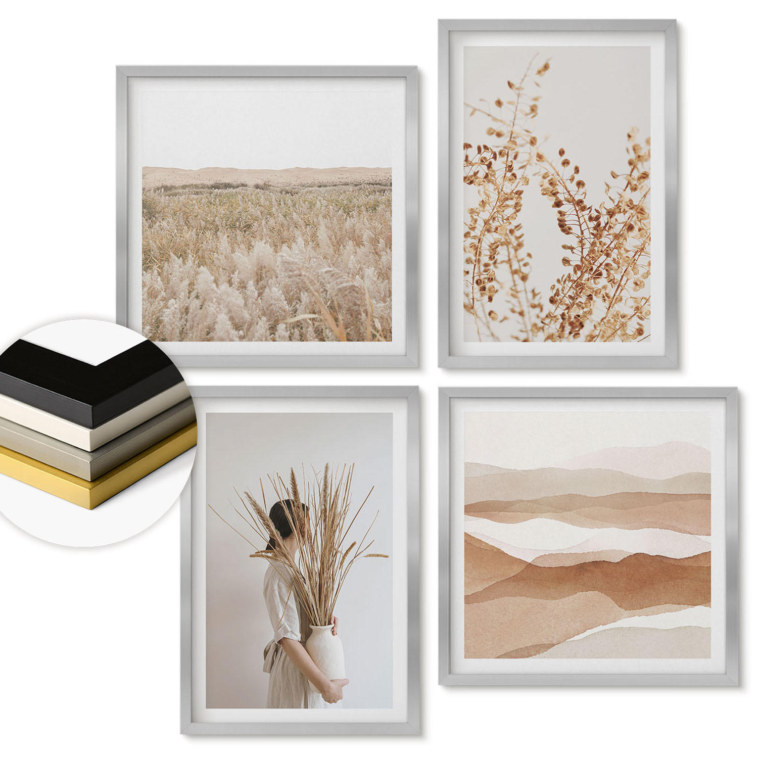 WANDBILDER 4er Set - 50x50 cm & 40x60 cm Silberner Rahmen - Pflanzenmotive im Boho-Stil - Silberfarben, Kunststoff (50/50cm) - ArtPrintCave