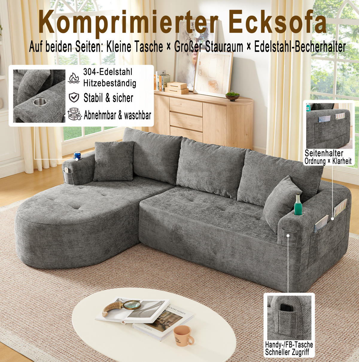ECKSOFA L-Form montagefrei mit Edelstahl-Becherhalter, Seitentaschen und Leinenoptik, Grau - Grau, Textil (255/170cm) - Redom