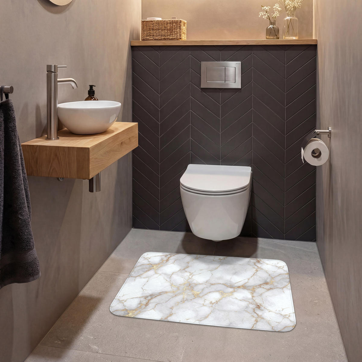 WC-VORLEGER Weiß - Gold - Marmor - Grau Toilettenteppich 80x50 cm - Weiß, Kunststoff/Textil (80/1cm) - OnlyWow