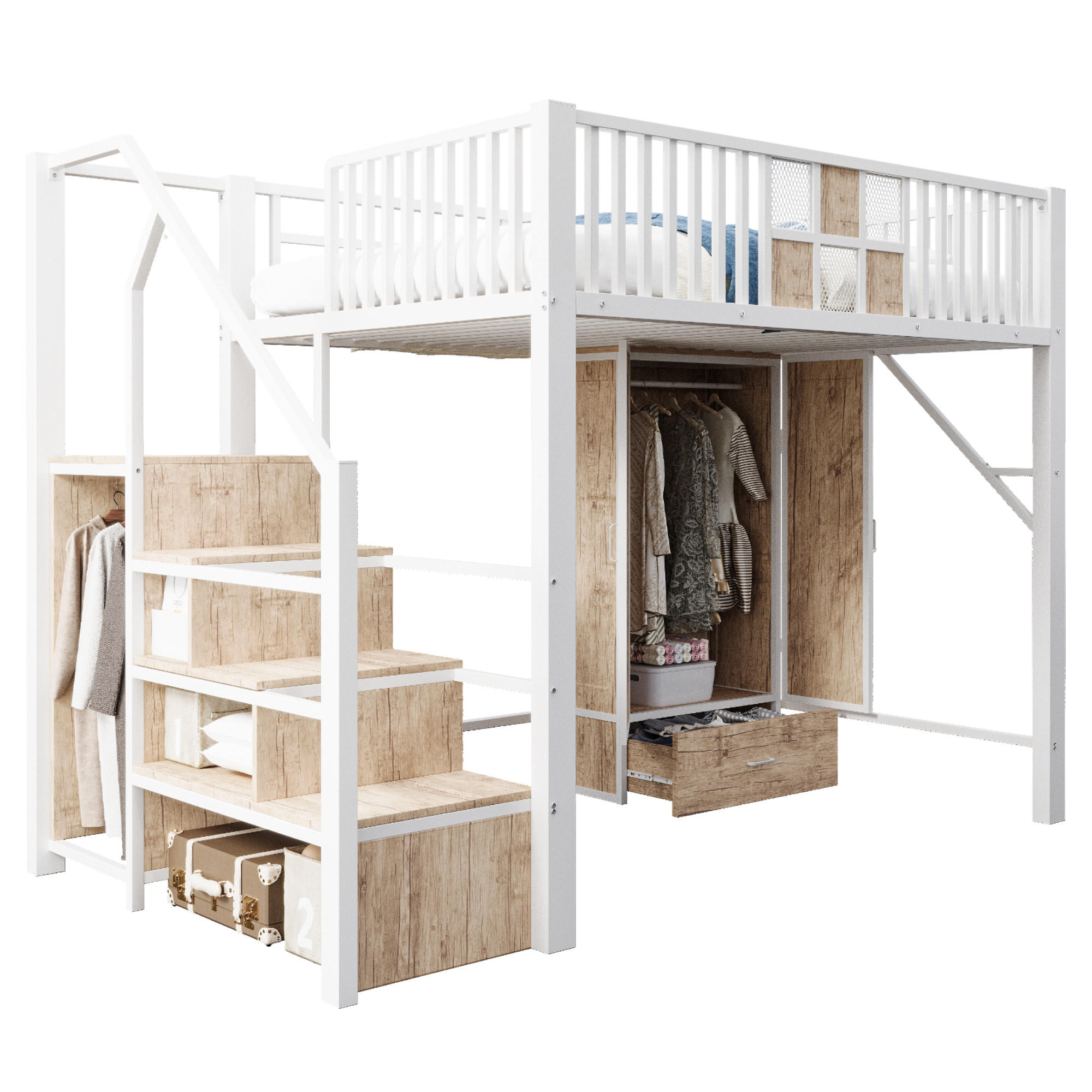 HOCHBETT 140/200 cm in Weiß mit Kleiderschrank, Schublade und Aufbewahrungsleiter aus Metall und Holz - Weiß/Naturfarben, Holzwerkstoff/Metall (140/200cm) - CHICFURN
