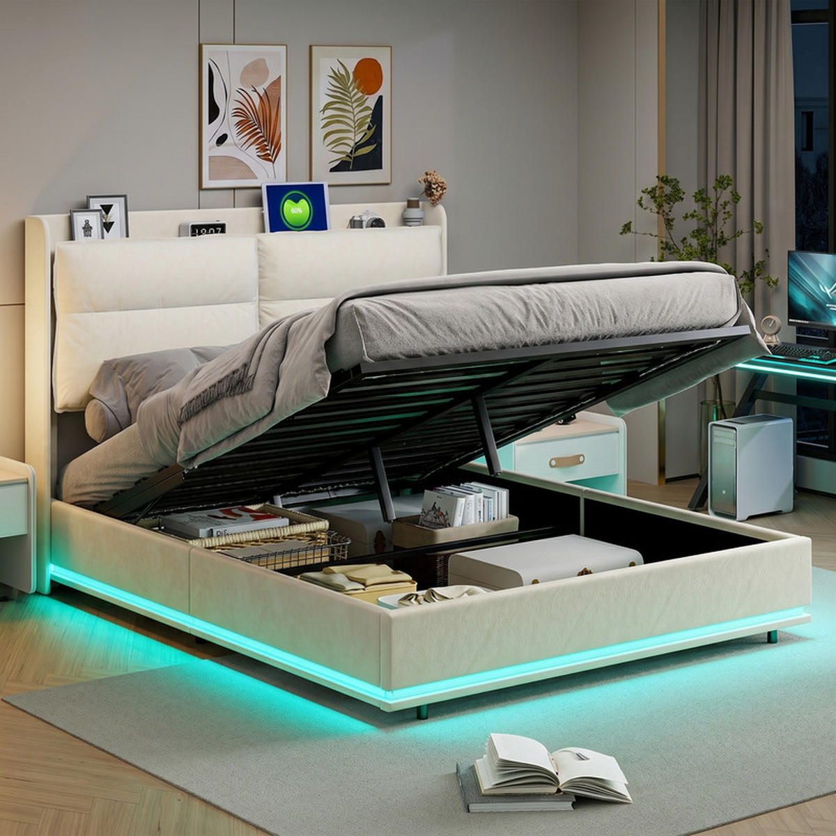 KLÄDD säng 160/200 cm beige med förvaringsutrymme, LED och USB - Beige, Trä - SHOPENTRA