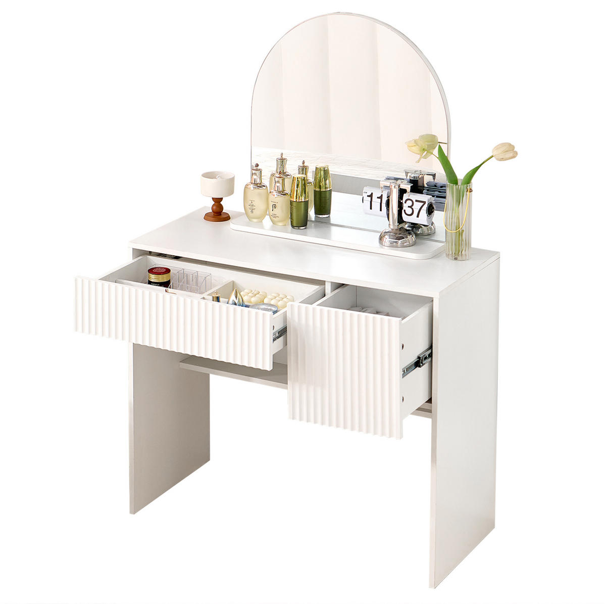SCHMINKTISCH aus MDF 90x40x135 cm Weiß mit Spiegel, 2 Schubladen und Ablage - Weiß, Holzwerkstoff (90/135/40cm) - Modfu
