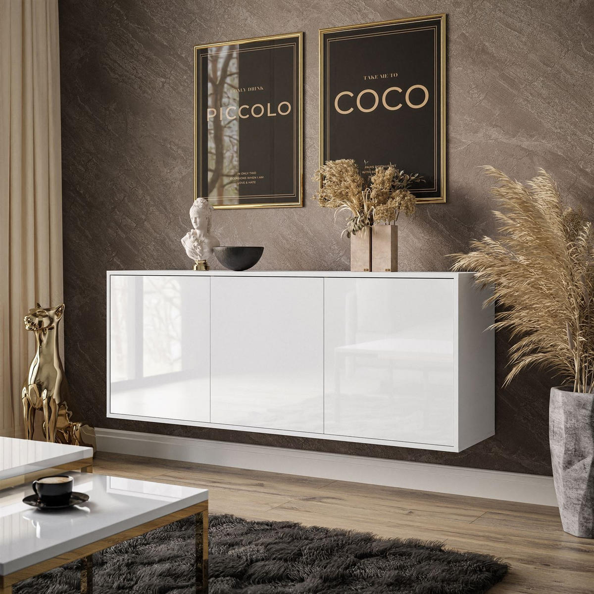 SIDEBOARD SANAYI Hängend Hochglanz Weiß - Weiß Hochglanz/Weiß, Holzwerkstoff (154/60/40cm) - Lookway