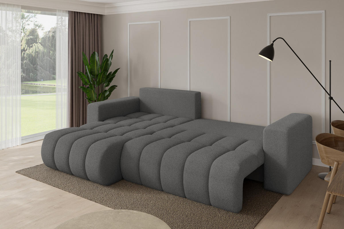 ROHOVÁ SEDAČKA s funkcí spaní, otoman vlevo MILA-L-v1 277x195x86 šedá bouclé - šedá/černá, kompozitní dřevo/textil (277/194cm) - ALTDECOR