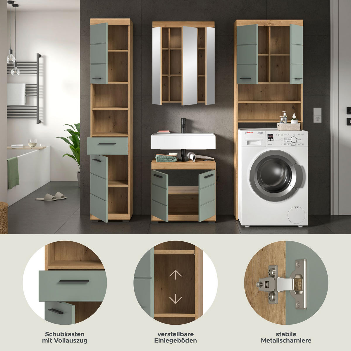 BADKOMBINATION 4tlg. Scout Bad in Artisan Eiche Nachbildung und Salbei Nachbildung B/H/T: 190x191x34 cm - Eiche Artisan, Holz (190/191/34cm)