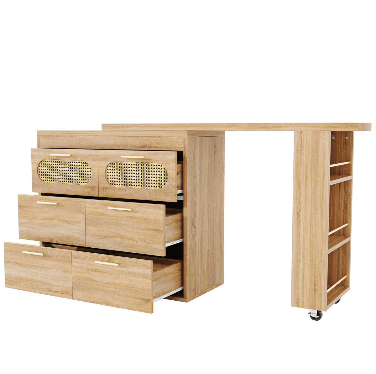 BARTISCH 128-203/39/90 cm in Natur mit 360° Drehfunktion & 6 Schubladen - Naturfarben, Holzwerkstoff (39/203/90cm) - BEAOK