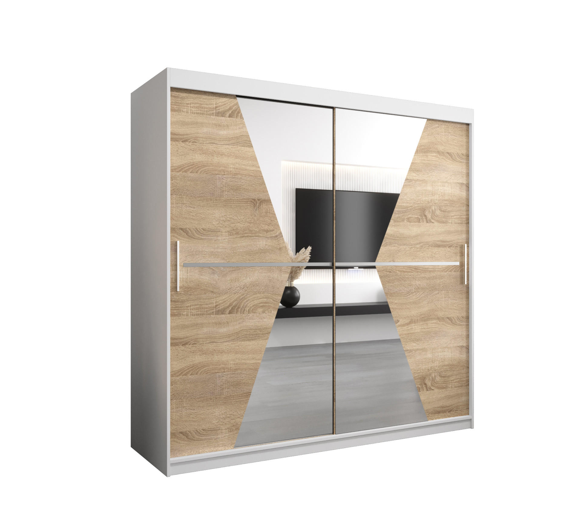 Abiks Möbel Schwebetürenschrank Weiß, Sonoma Eiche 200x200x62 cm
