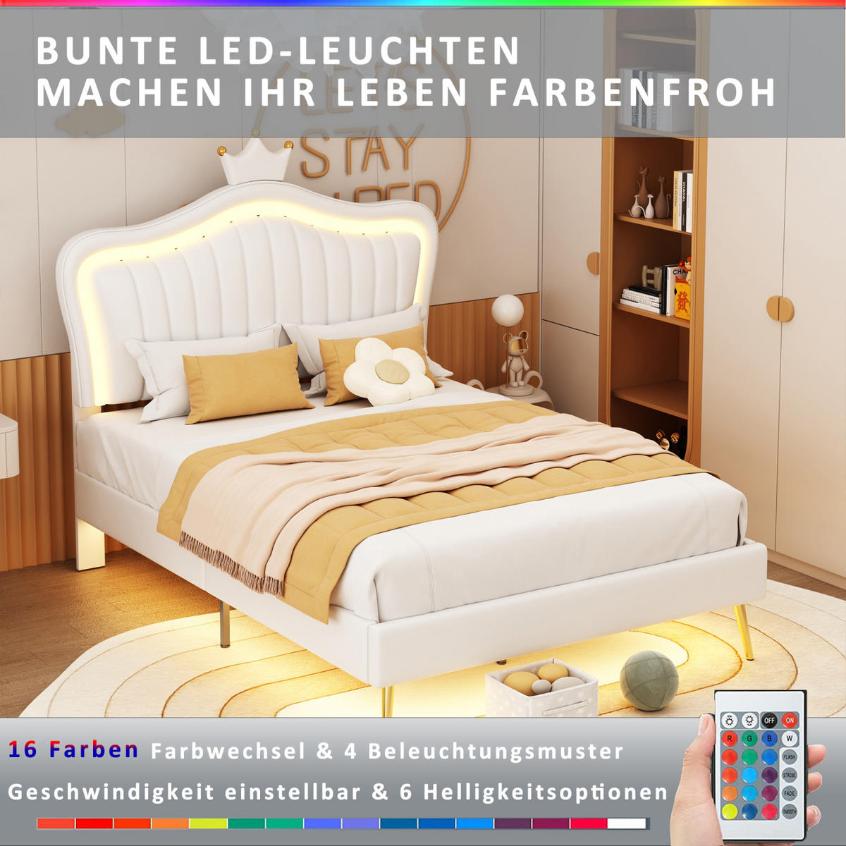 KINDERBETT Polsterbett 90/200 mit LED, Krone-Kopfteil, Kunstleder Weiß, Lattenrost - Weiß, Holz/Textil (90/200cm) - PARAFTA HOME