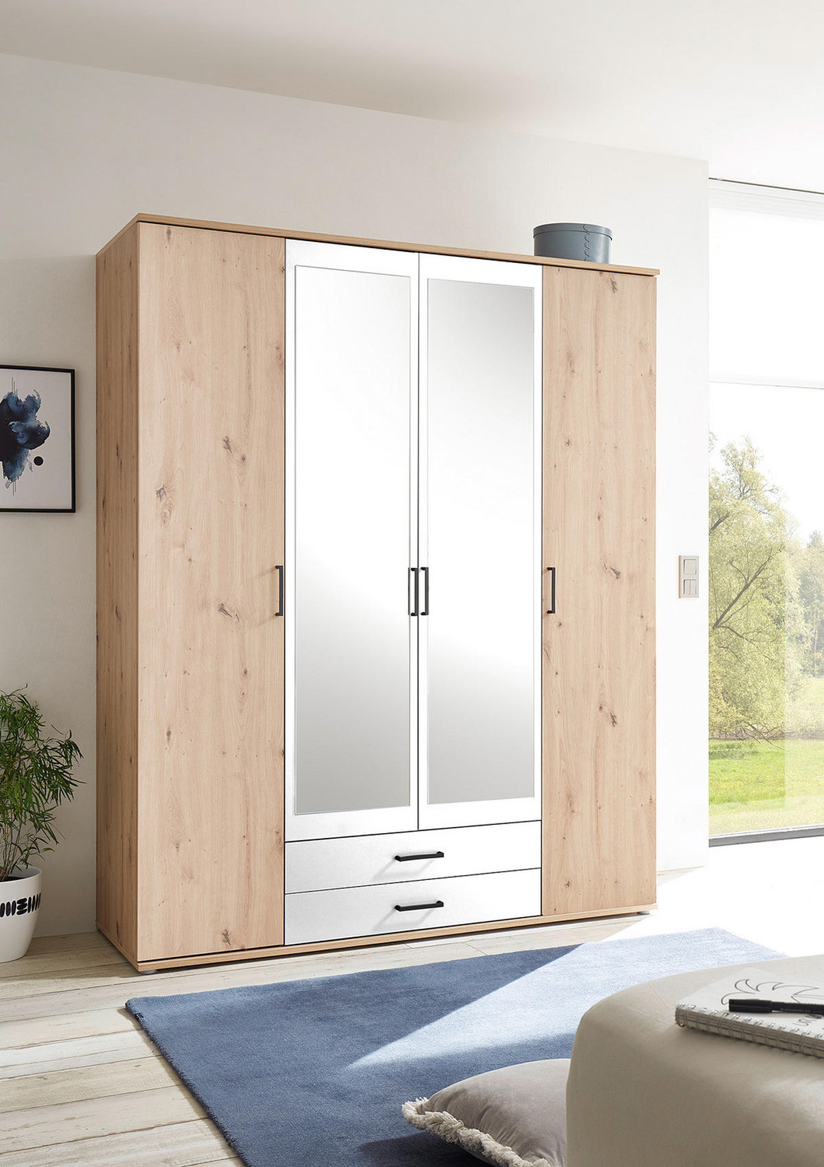 DREHTÜRENSCHRANK - Eiche Artisan Dekor / Weiß - Schwarz/Braun, Holzwerkstoff/Kunststoff (159/197/54cm) - home24