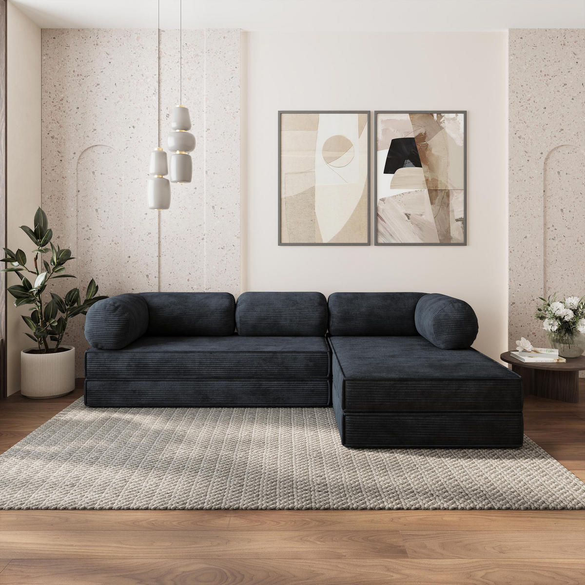 ROHOVÁ SEDAČKA ETERA modulární Boneless pohovka s funkcí spaní, černá POSO 135 - černá, textil (270/160cm) - MASSENO