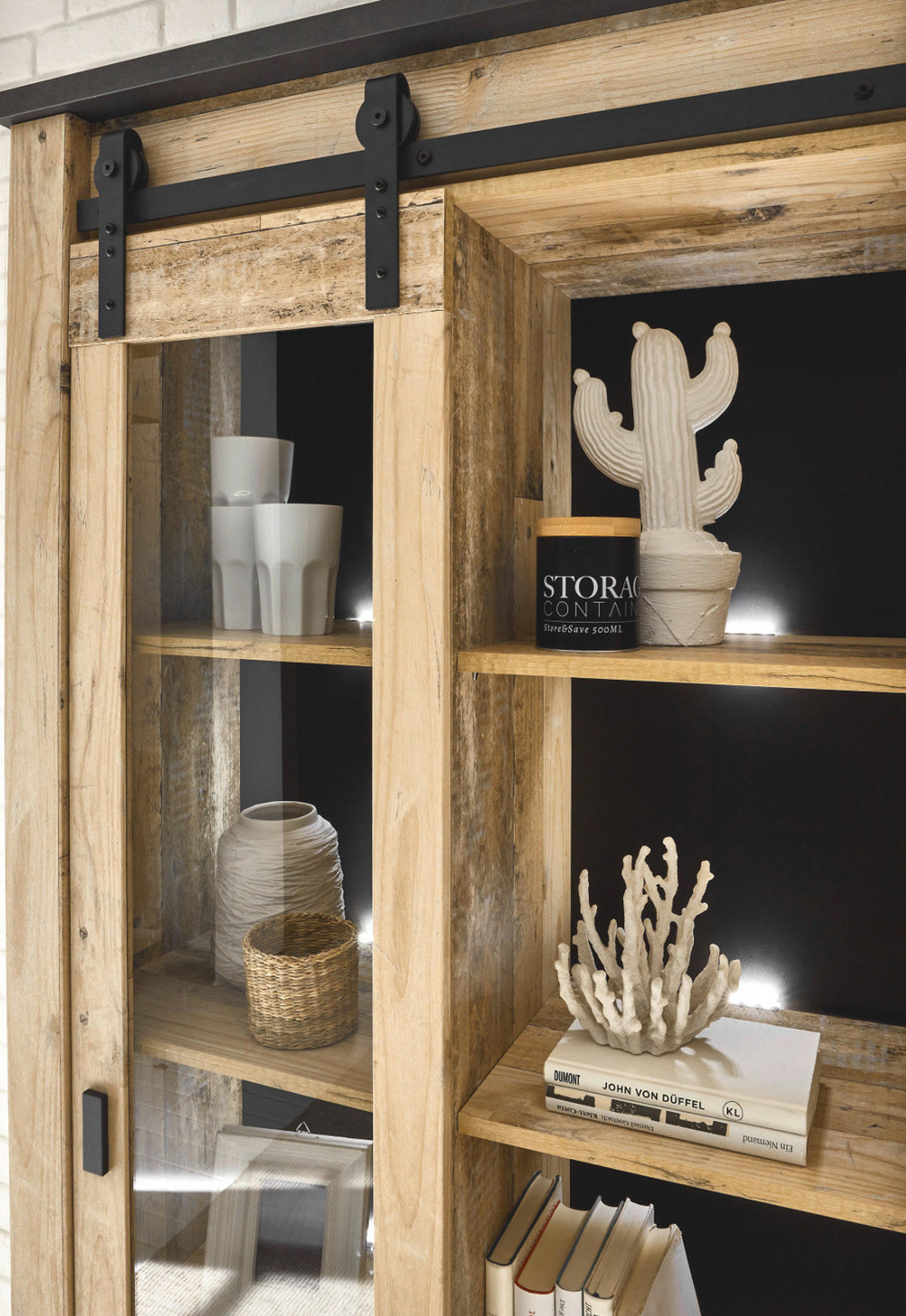 WOHNWAND Used Wood hell, anthrazit 4-teilig 388 cm, Wohnkombination, viel Stauraum - Anthrazit/Schwarz, Holzwerkstoff/Metall (388/201/43cm) - Furn.Design