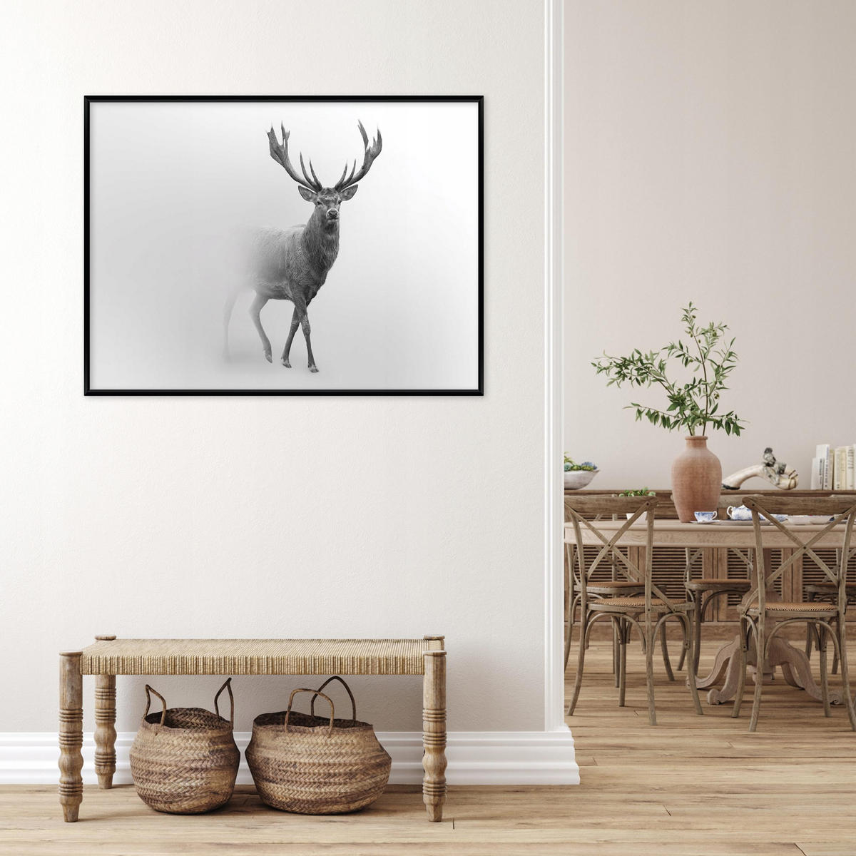 BILDER mit Rahmen Reh Nebel Grau 100x70 cm - Multicolor, Holzwerkstoff (100/70cm) - Wallarena