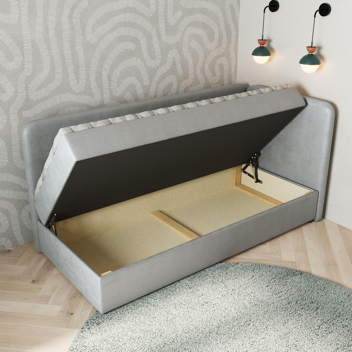 BOXBETT GINA 80x200 cm mit Matratze und Topper, H2+H3 - Hellgrau - Hellgrau, Holz (80/200cm) - MASSENO