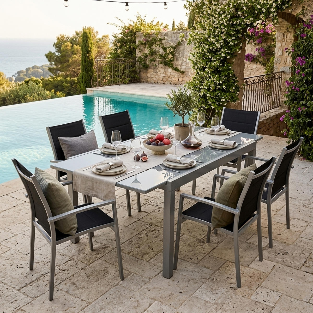 GARTEN-GARNITUR Ashford - 7-teilige Garten-Essgruppe (6x Stapelsessel mit Armlehnen, 1x Ausziehtisch 180/240x100cm), Gestell Aluminium - Schwarz, Metall - TPFGarden