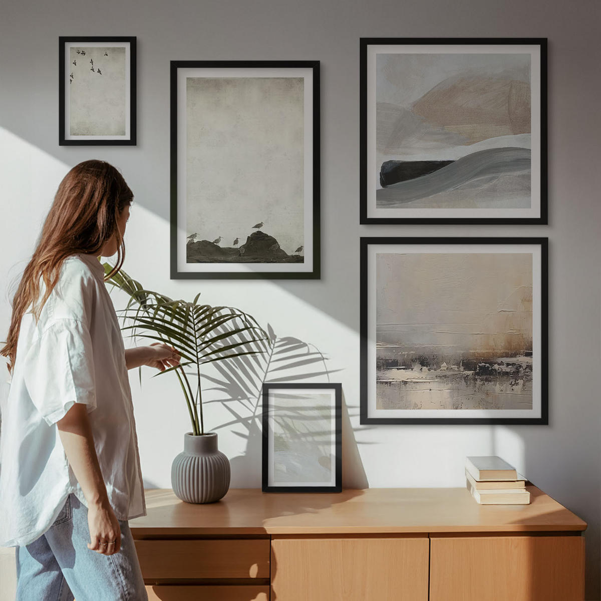 WANDBILDER 5er-Set - 50x50 cm & 20x30 cm & 40x60 cm Schwarzer Rahmen - Vögel, Steine, Pinselstriche, Verzierungen - Schwarz, Kunststoff (40/60cm) - ArtPrintCave