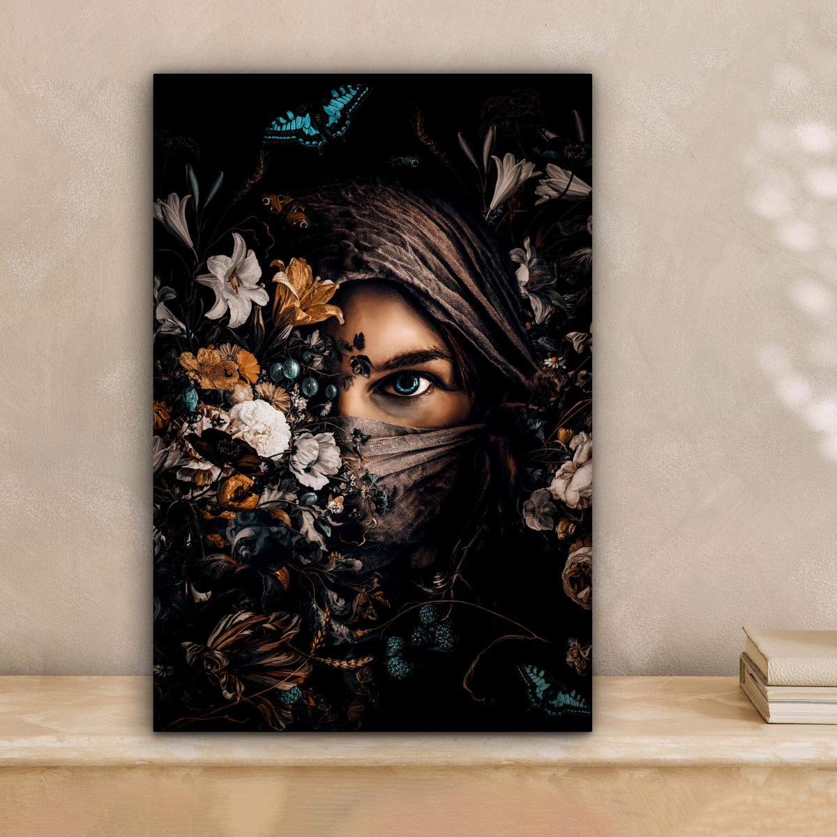 LEINWANDBILD Frau - Luxus - Blumen - Schmetterling - Porträt 20x30 cm - Schwarz, Textil (20/30cm) - MuchoWow