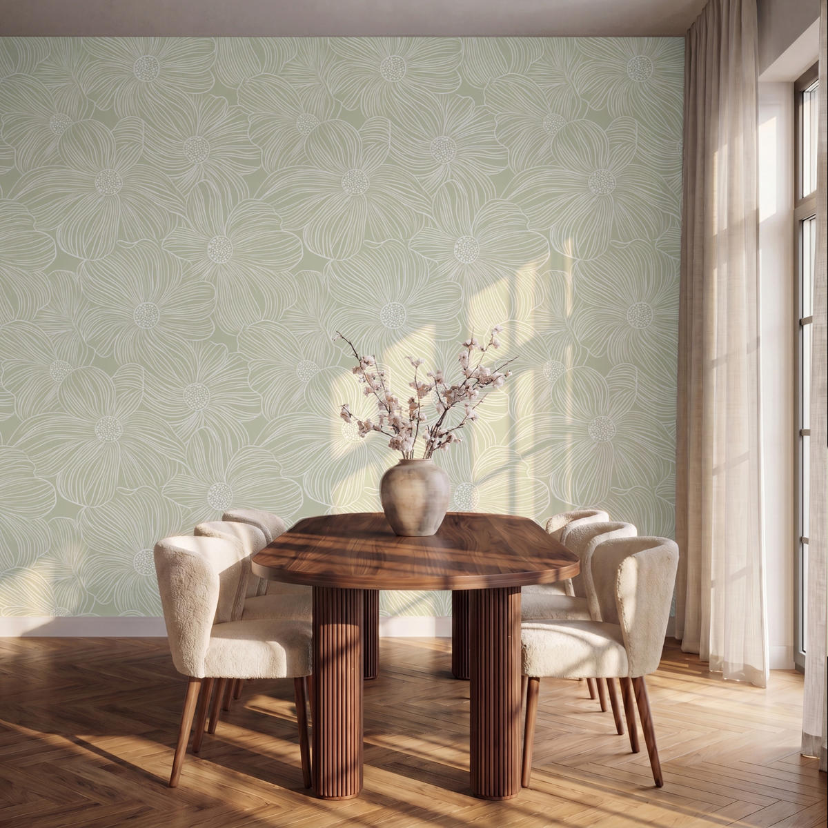 TAPETE - Gelassenheit - Blumen - Grün - 350x280 cm - Salbeigrün, Papier (350/280cm) - OnlyWow