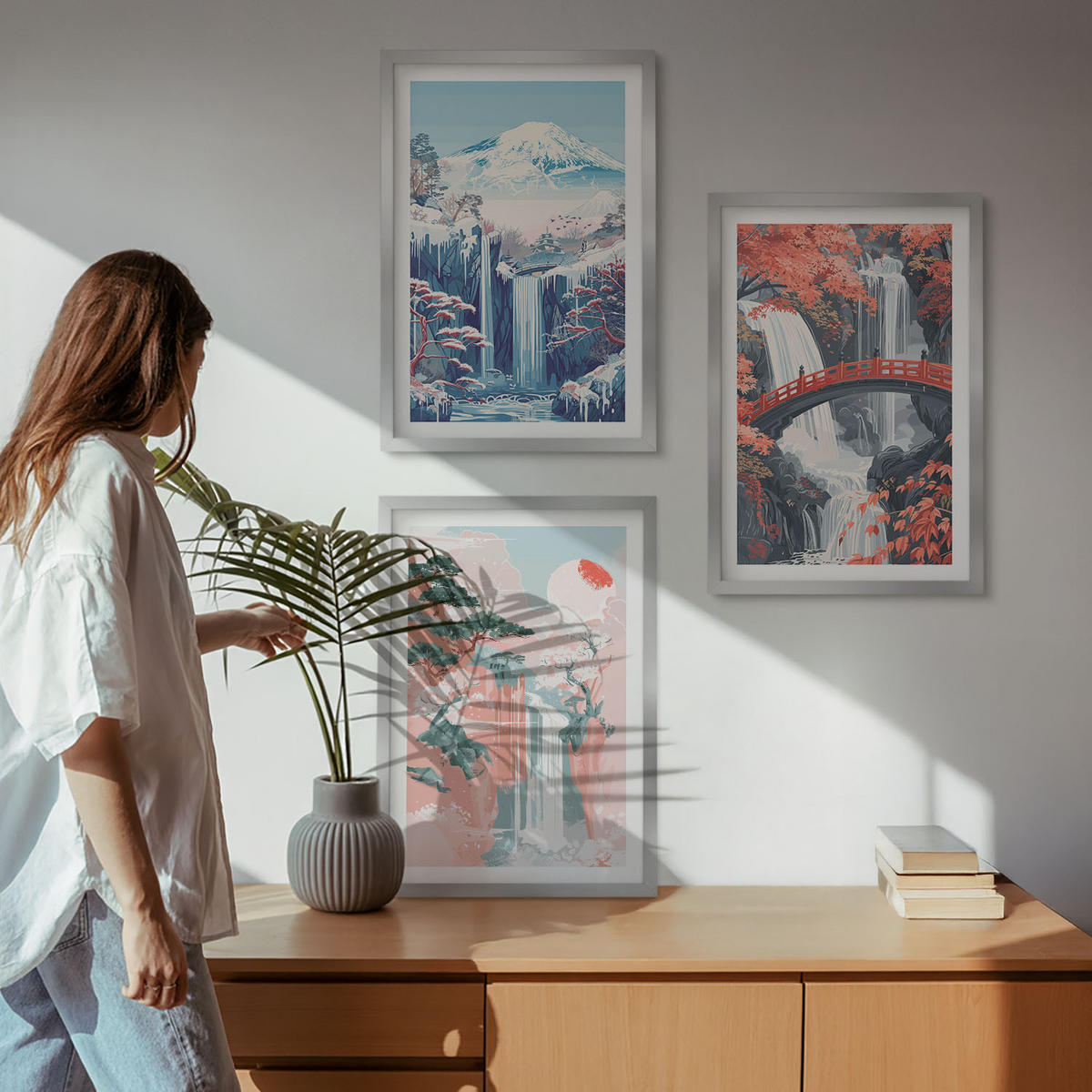 WANDBILDER 3er Set - 40x60 cm Silberner Rahmen - Wasserfälle, Berge, Brücken, Bäume - Silberfarben, Kunststoff (40/60cm) - ArtPrintCave