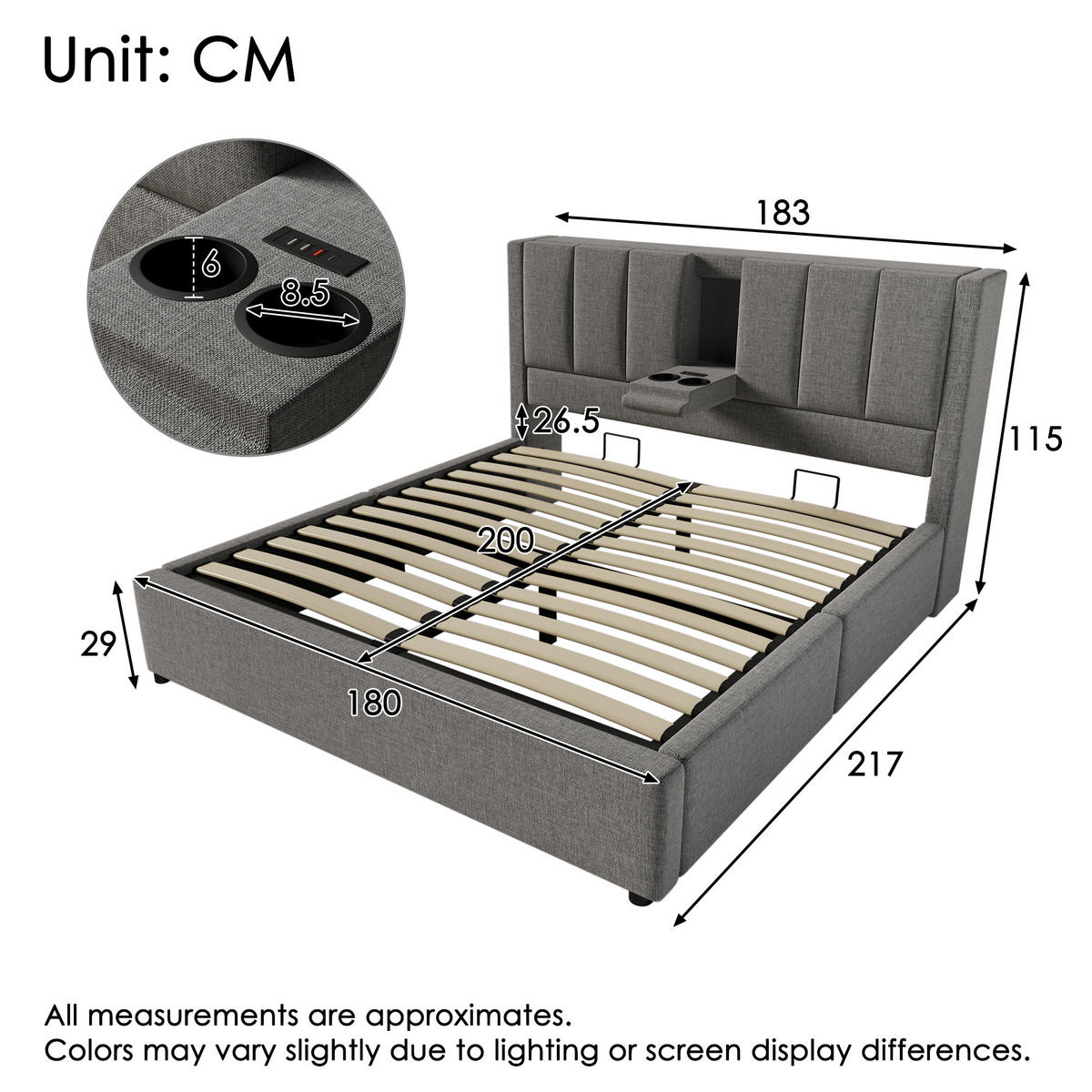 POLSTERBETT 180/200 cm Grau aus Leinen mit Stauraum und USB-Ladestation - Grau, Textil (180/200cm) - OKWISH