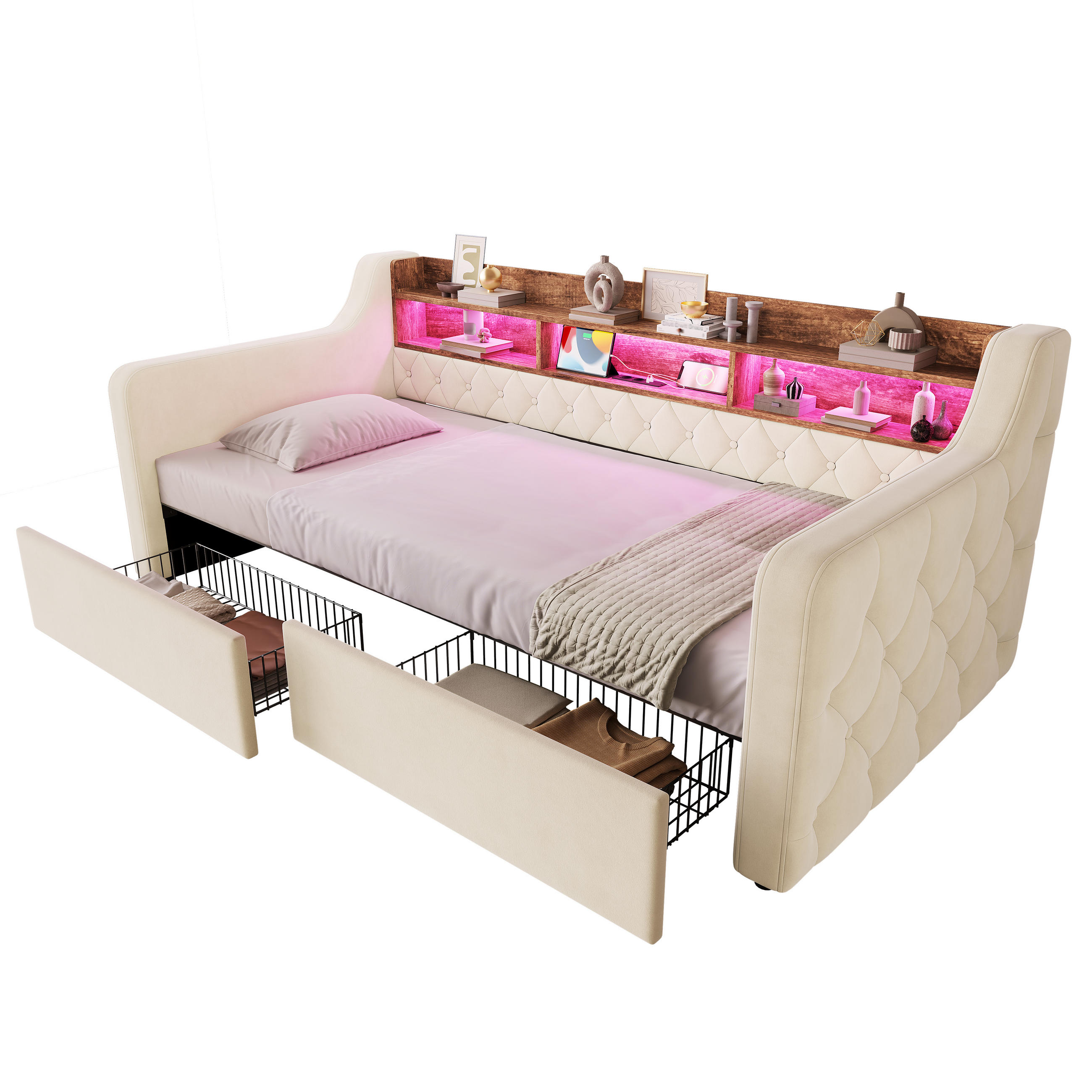 TAGESBETT 90/190 mit Schubladen & Regal, USB-C Ladeanschlüsse/LED, Samt, Beige - Beige, Holz (90/190cm) - LVHOM