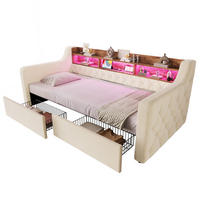 TAGESBETT 90/190 mit Schubladen & Regal, USB-C Ladeanschlüsse/LED, Samt, Beige - Beige, Holz (90/190cm) - LVHOM