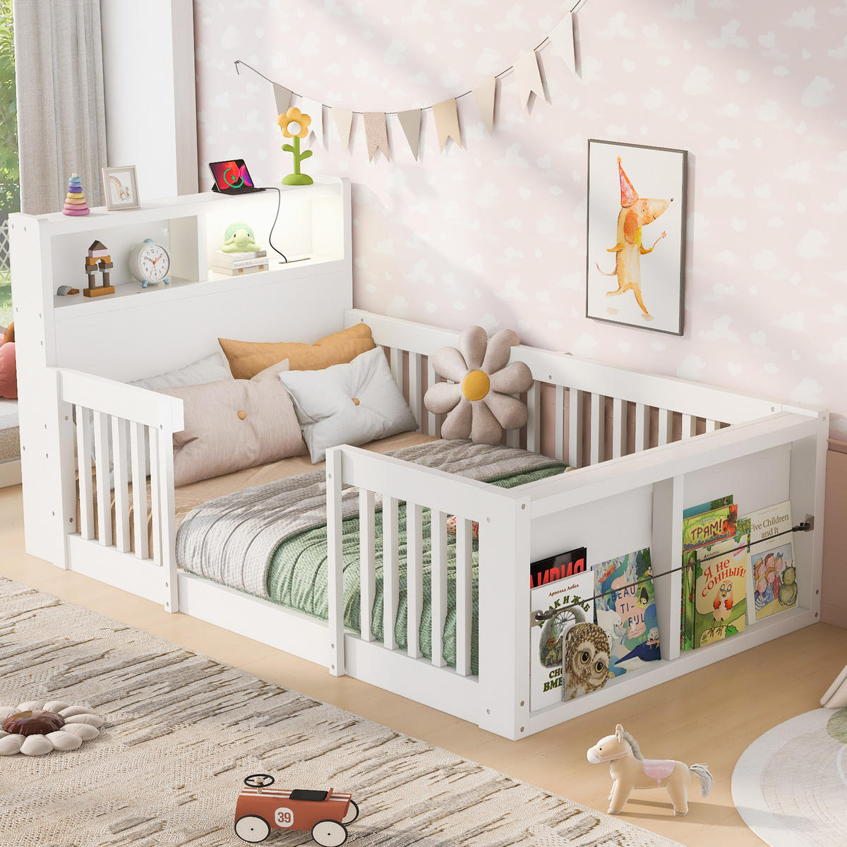KINDERBETT 90/190 cm in Weiß mit hohem Schutzgitter, USB-Anschluss, Nachtlicht und Staufach aus Holz - Weiß, Holzwerkstoff (90/190cm) - STILVORA