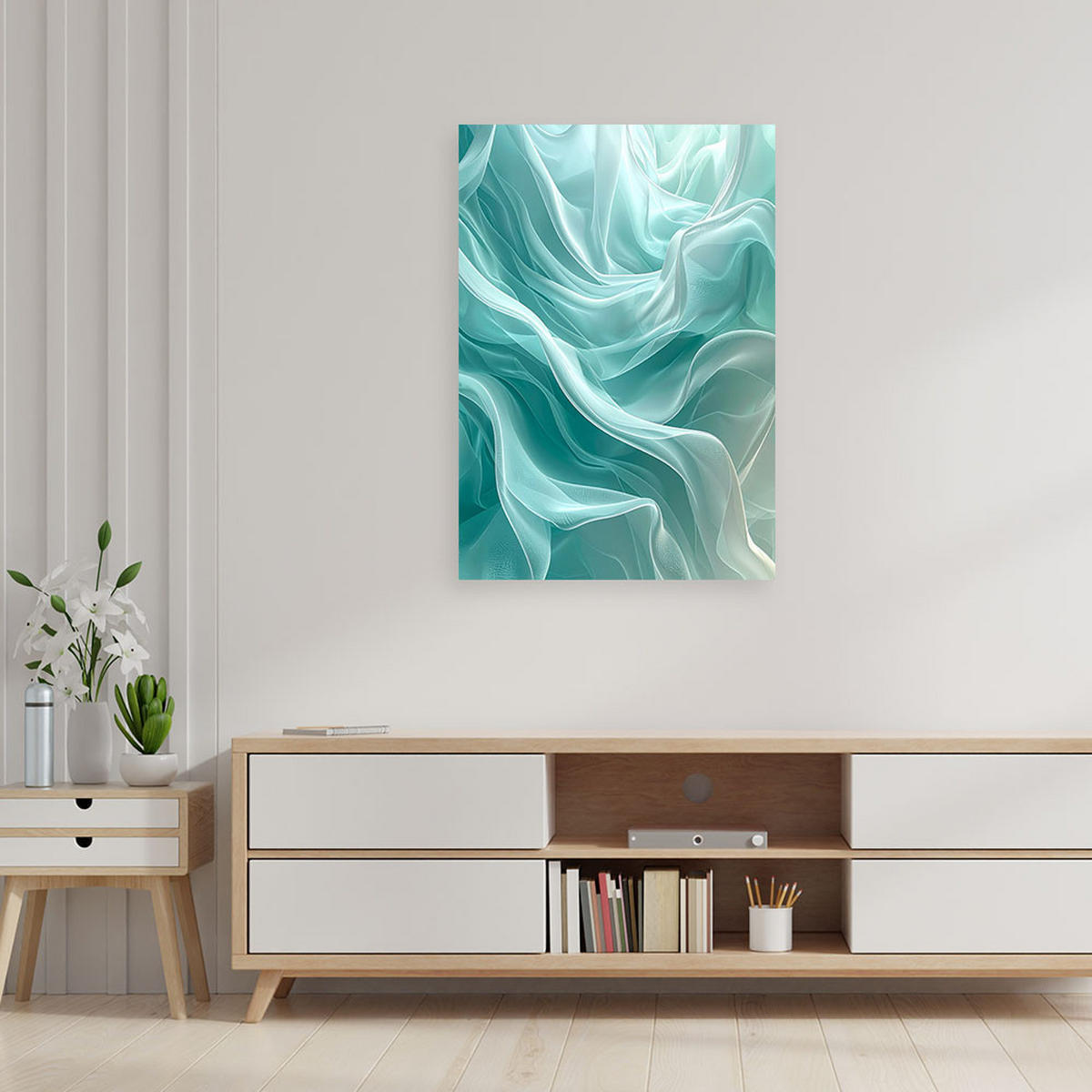 WANDBILD, Abstrakte türkisfarbene Wellen in einer modernen Komposition - Blau, Textil (60/90cm) - Feeby