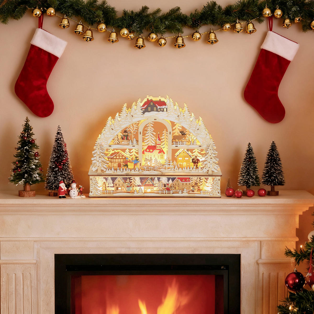 WEIHNACHTSDORF mit LED-Leuchtung, 45 cm Weihnachtsstadt mit Schneemann Renntier - Naturfarben, Holzwerkstoff (10/35/45cm) - HOMCOM