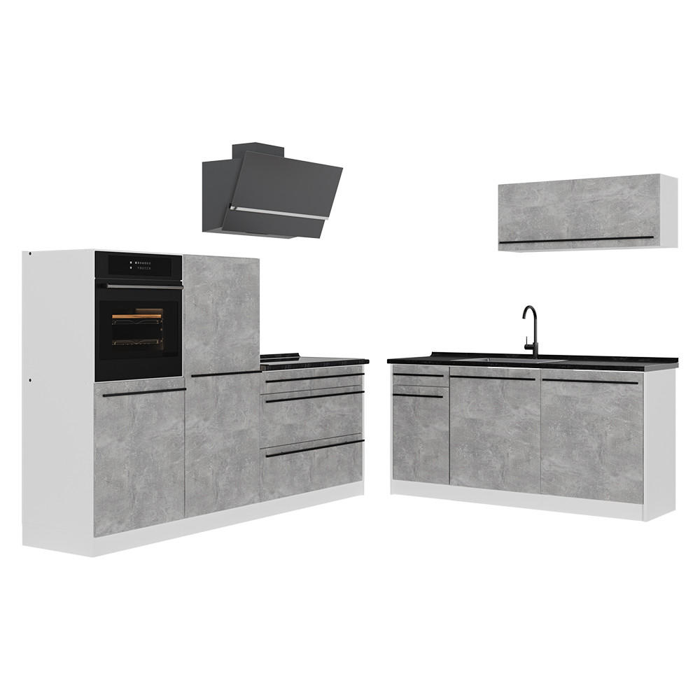 KÜCHENZEILE R-Line, Beton/Weiß, 220 cm Arbeitsplatte Anthrazit - Weiß/Grau, Holzwerkstoff (220/143/60cm) - Vicco