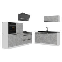 KÜCHENZEILE R-Line, Beton/Weiß, 220 cm Arbeitsplatte Anthrazit - Weiß/Grau, Holzwerkstoff (220/143/60cm) - Vicco