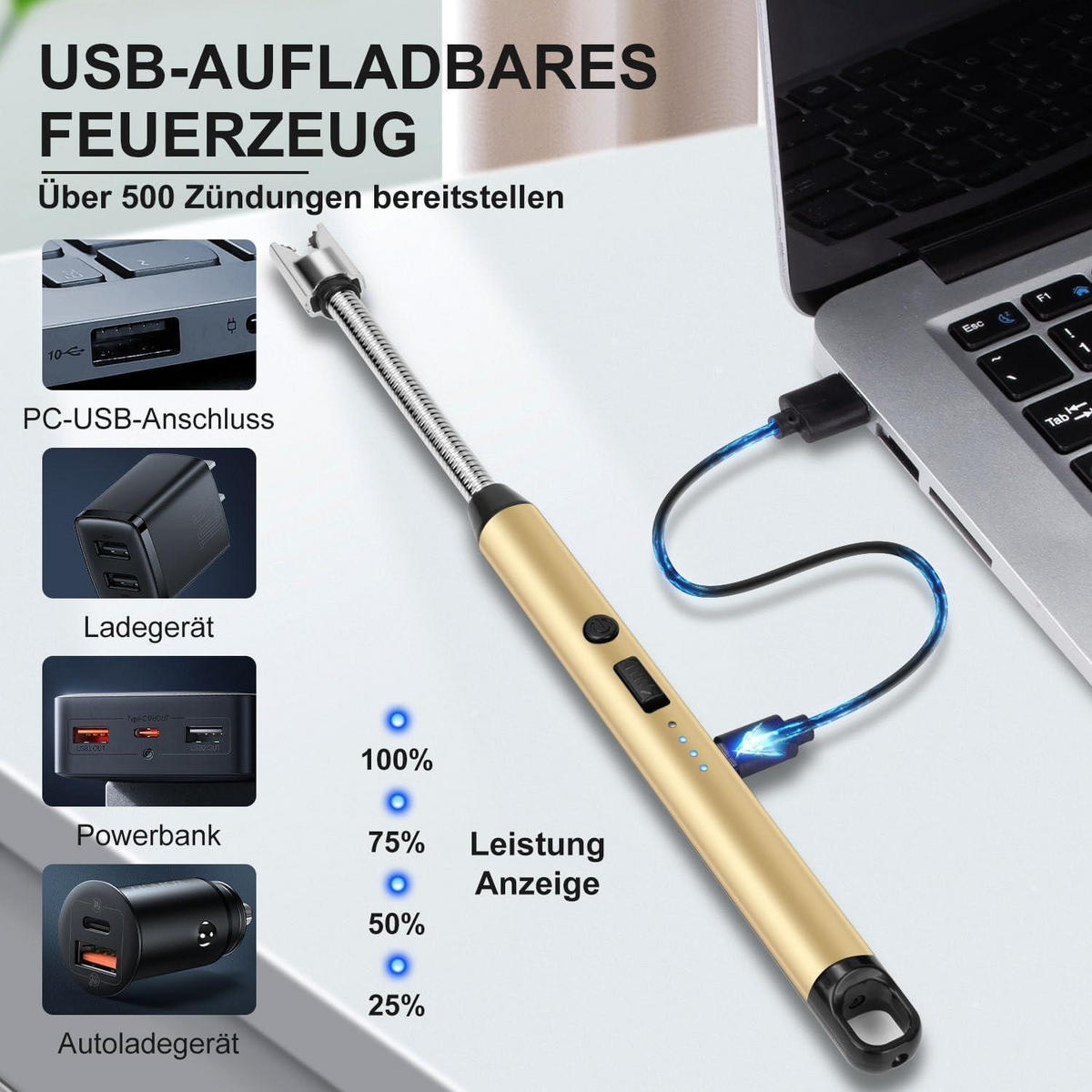 STABFEUERZEUG mit flexiblem Hals USB wiederaufladbar Gold - Goldfarben, Metall (1/1.2/25cm)