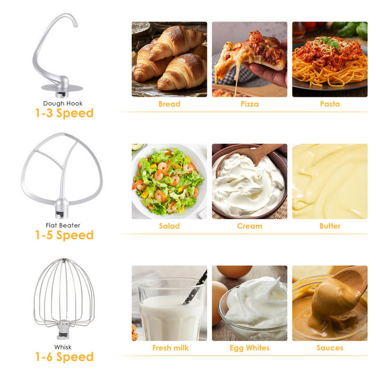 KÜCHEN-STANDMIXER – 1200 W DC, 6 Geschwindigkeiten, 6 L Edelstahlschüssel, mit Schneebesen und Knethaken - Schwarz, Metall (17/31/28cm) - Coonoor