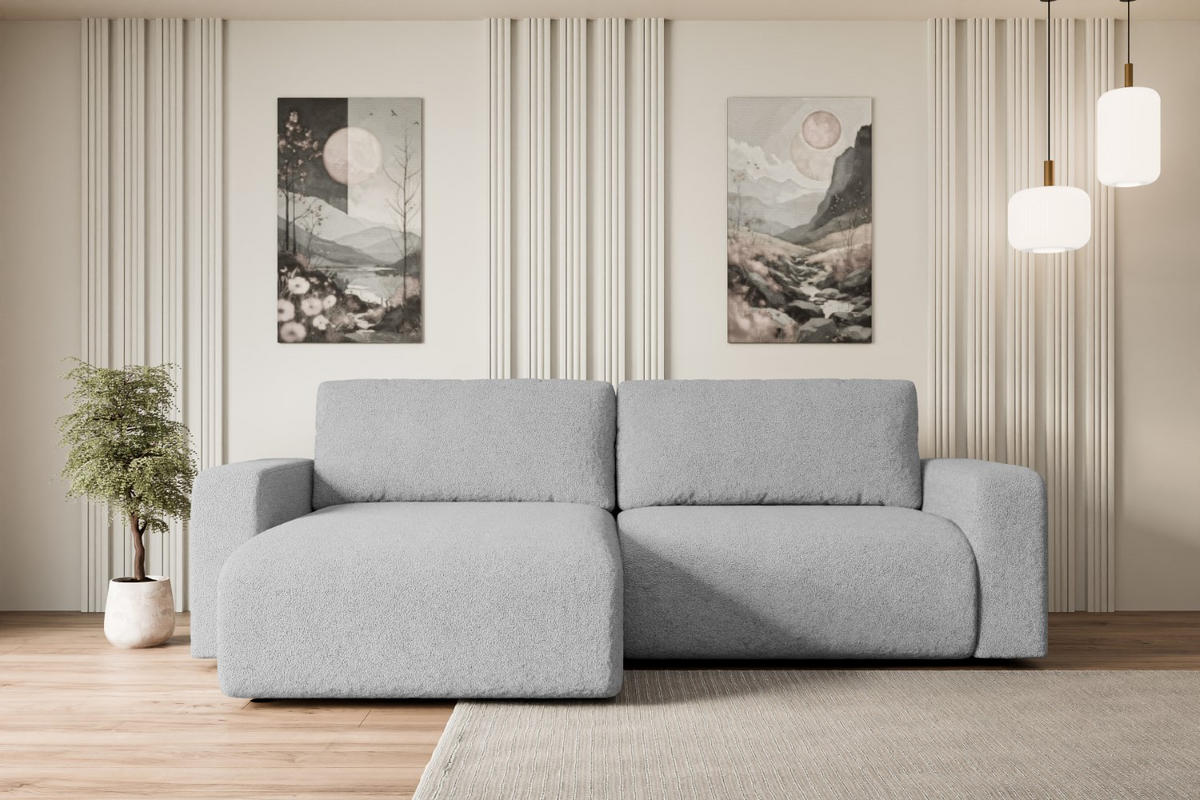 ECKSOFA mit Schlaffunktion und Bettkasten KLEEA-L - 247x143x83 cm Hellgrau Bouclé - Hellgrau/Schwarz, Holzwerkstoff/Kunststoff (247/143cm) - ALTDECOR