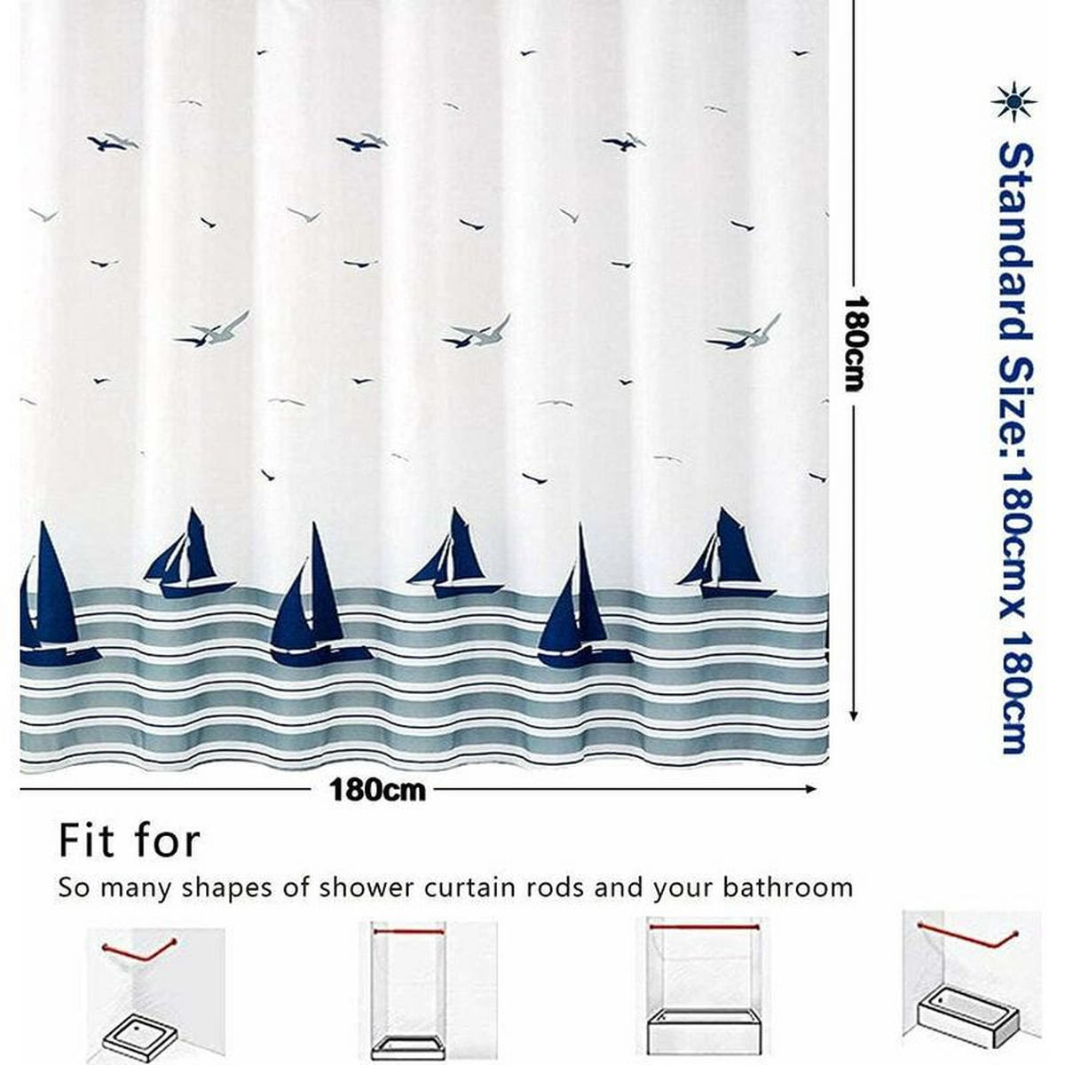 DUSCHVORHANG Blau nautisch Segelboot 180 x 180 cm beschwerter Saum schimmelresistent waschbar - Multicolor, Textil (180/180cm) - MCBOSON