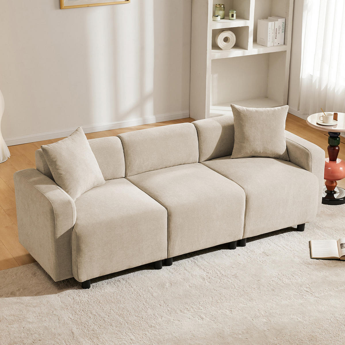 SOFA 3-Sitzer Modern mit Dekokissen Polster Beige - Beige, Holz (76.5/43/61cm) - FLIEKS