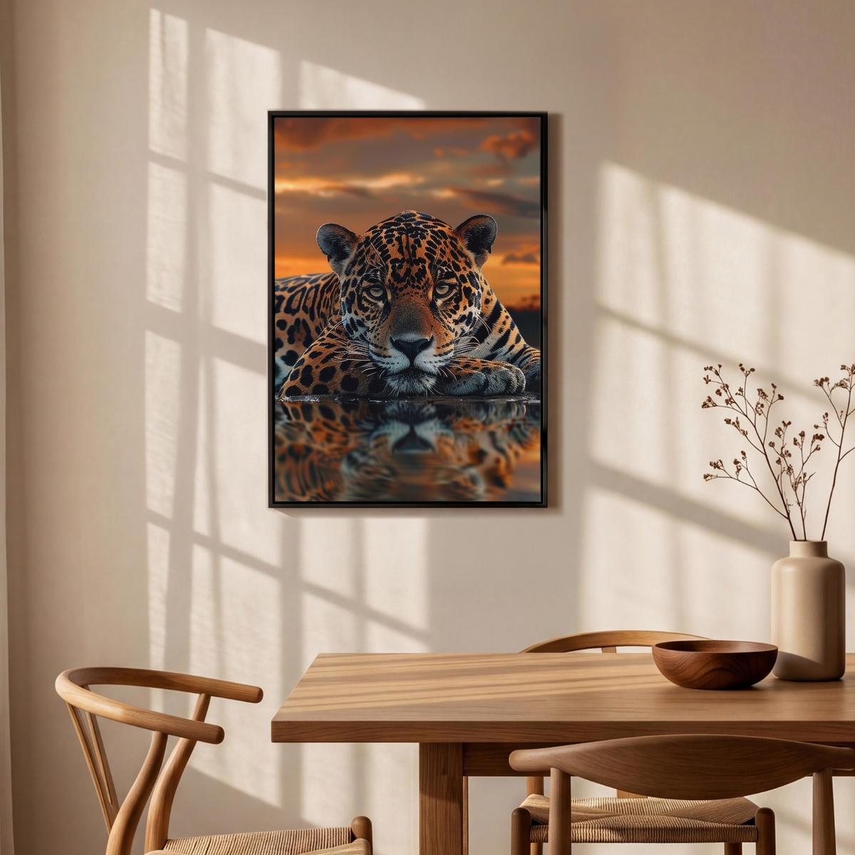 LEINWAND Bilder mit Rahmen - Natur - Leopard - Tier - Sonnenuntergang - Modern - 60x90 - Orange, Textil (60/90cm) - MuchoWow