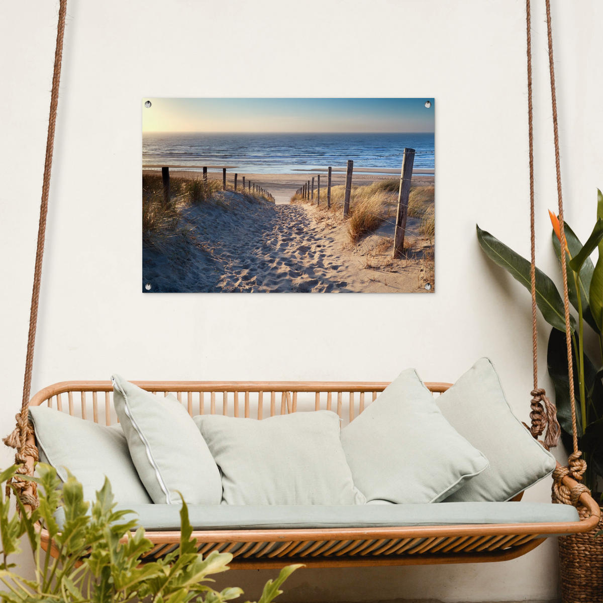 ZAHRADNÍ PLAKÁT Pláž - moře - Nizozemsko - duny - slunce 90x60 cm - písková barva, plast (90/60/0.2cm) - OnlyWow