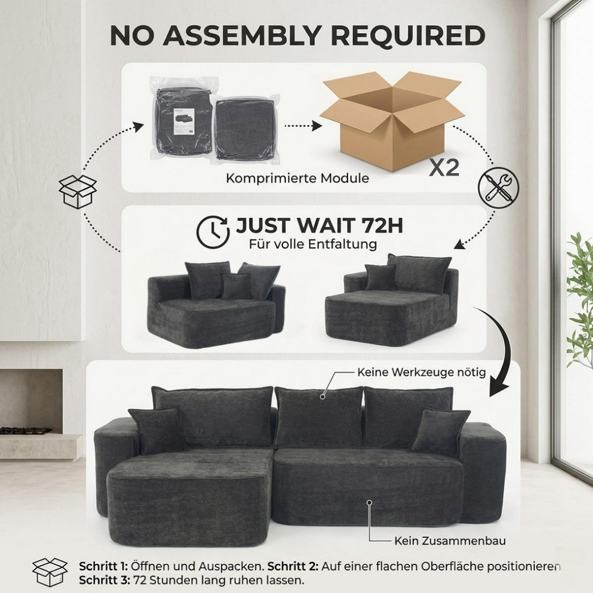 ECKSOFA 262/144/65 cm Schwarz mit Aufbewahrungsbeutel - Schwarz, Textil (262/144cm) - Oxeza